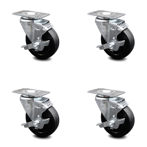 4 Inch Soft Rubber Wheel Swivel Top Plate Caster Set with Brake